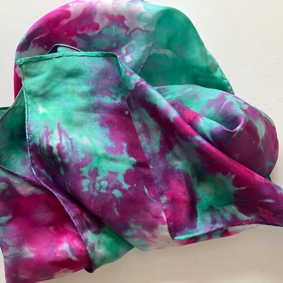 VTG 80s Silk Scarf Handpainted Pink and Green 54" X 10" Filmy Flowy Silk - Picture 2 of 10